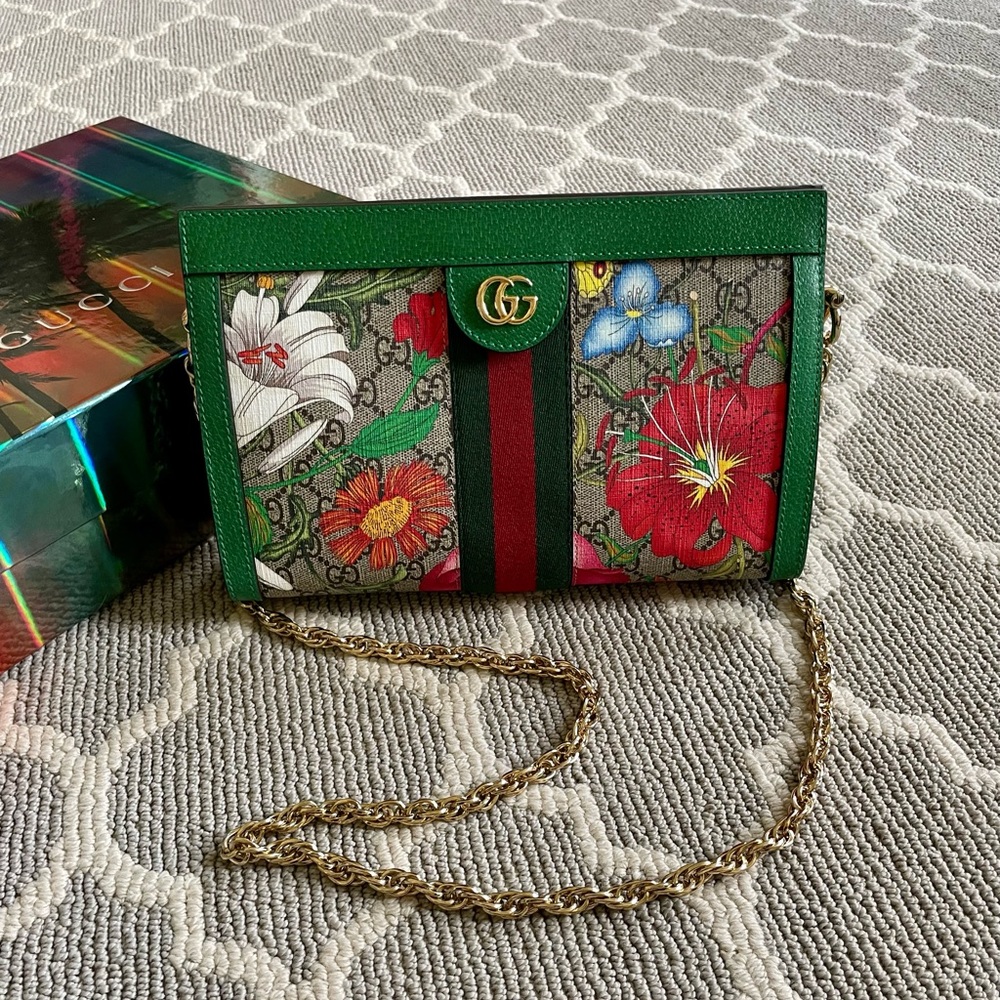 GUCCI GG Supreme Monogram Flora Web Small Ophidia Chain Shoulder Bag Green. NWOT